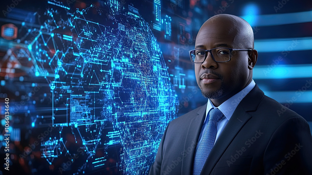 Aufkleber confident professional in suit stands against digital backdrop, showcasing network of data and techn