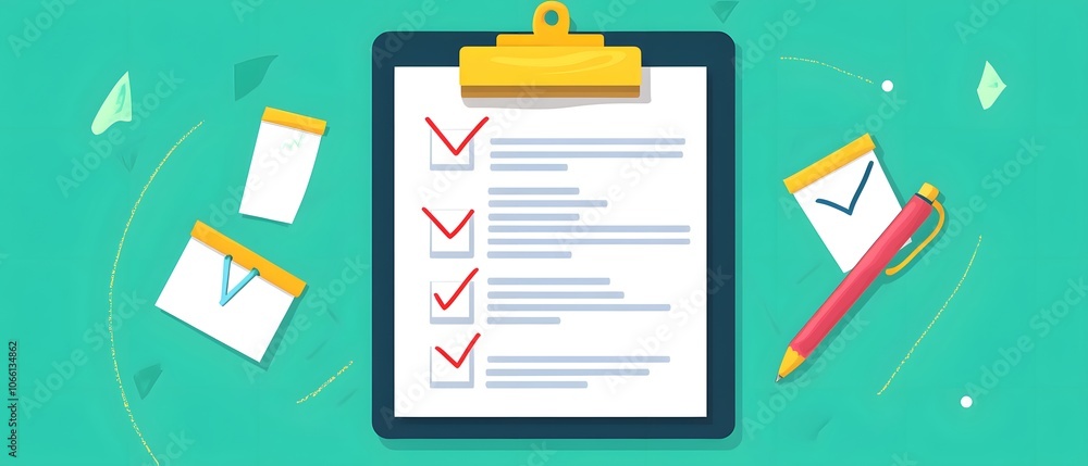 Poster a vibrant checklist on a clipboard, featuring red checkmarks, pen, and notes, ideal for task organiz