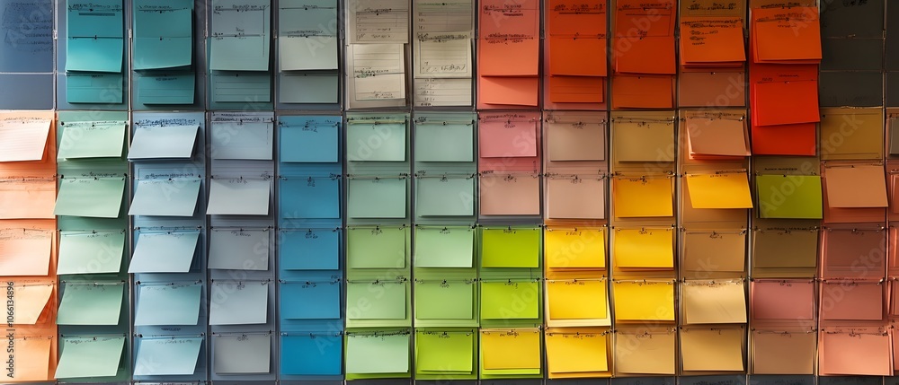 Poster a vibrant collection of sticky notes arranged in a rainbow pattern, ideal for inspiration and creati