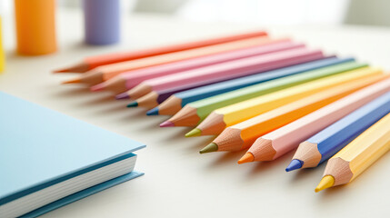 Naklejka premium Colorful pencils arranged neatly beside blue notebook create vibrant workspace. pastel colors evoke creativity and inspiration, perfect for artistic endeavors