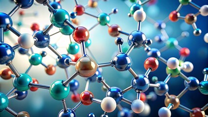 Obraz premium A vibrant molecular structure with metallic bonds and colorful spheres, illustrating the intricate interconnectedness of atoms and molecules in a dynamic composition.