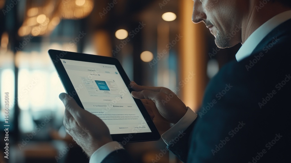 Poster Man in a Suit Using a Tablet to Access a Website