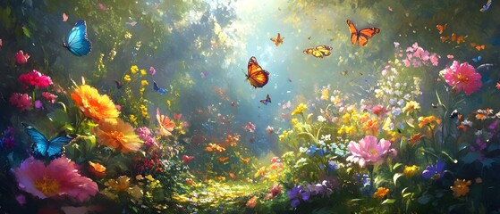 Fototapeta premium A vibrant garden scene filled with colorful flowers and butterflies, depicting nature's beauty and tranquility.