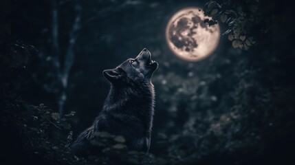 Naklejka premium A Lone Wolf Howling at the Full Moon in a Dark Forest