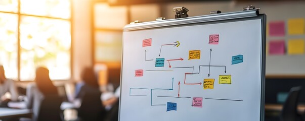 A vibrant office environment featuring a brainstorming session with colorful sticky notes on a whiteboard for project planning.