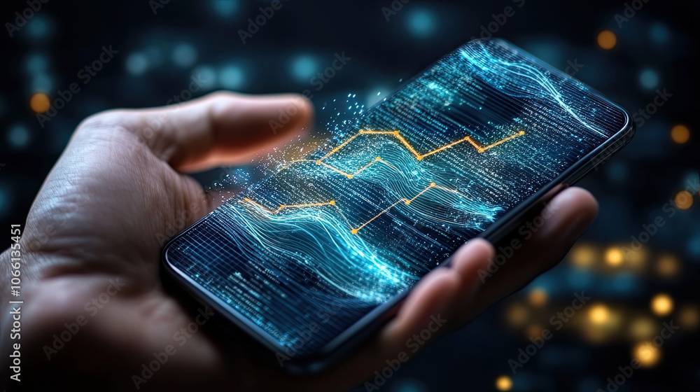 Poster hand gripping smartphone displaying digital graphs and data trends, symbolizing success and growth i