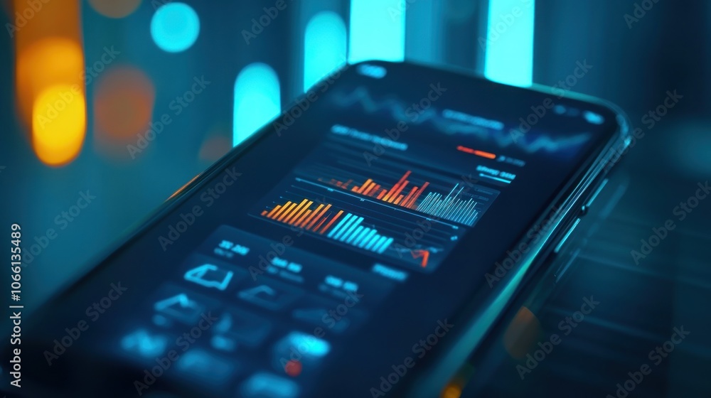 Poster Smartphone Displaying Financial Data with Graphs and Charts