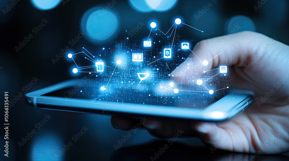 Aufkleber hand gripping smartphone displaying digital icons and connections, symbolizing technology and commun