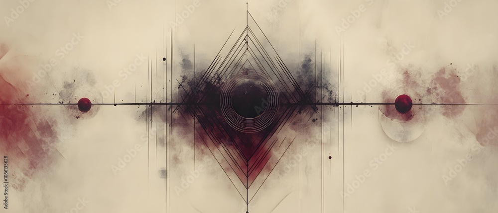 Poster abstract artwork featuring geometric shapes and a blend of dark hues with splashes of color, creatin