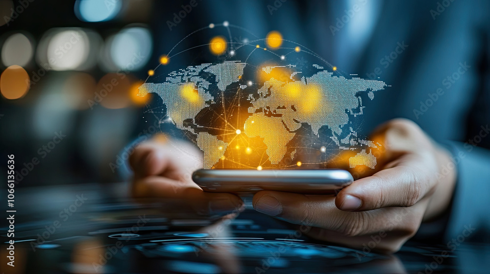 Poster hand holding smartphone displaying digital world map with connections and glowing points, symbolizin