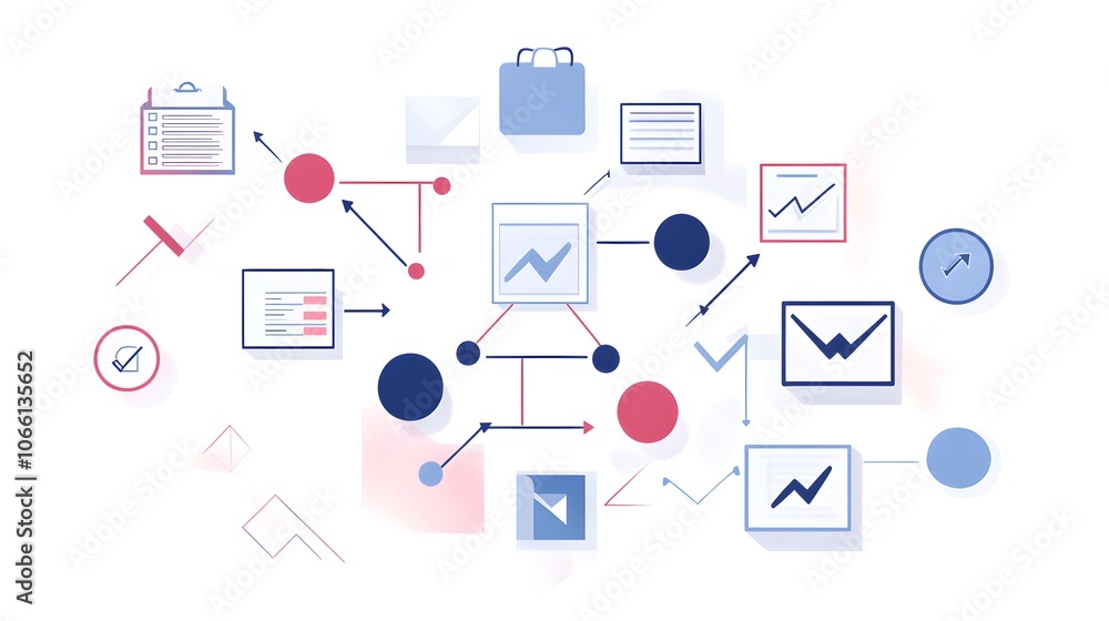 Poster abstract digital illustration of data visualization, featuring charts, graphs, and interconnected no