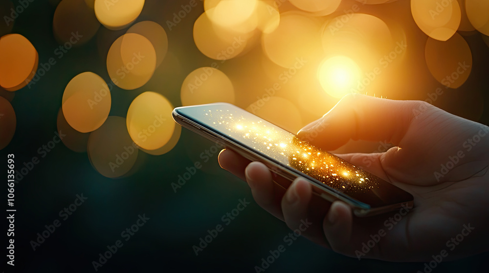 Poster hand holding smartphone displaying glowing screen with bright lights, symbolizing success and connec