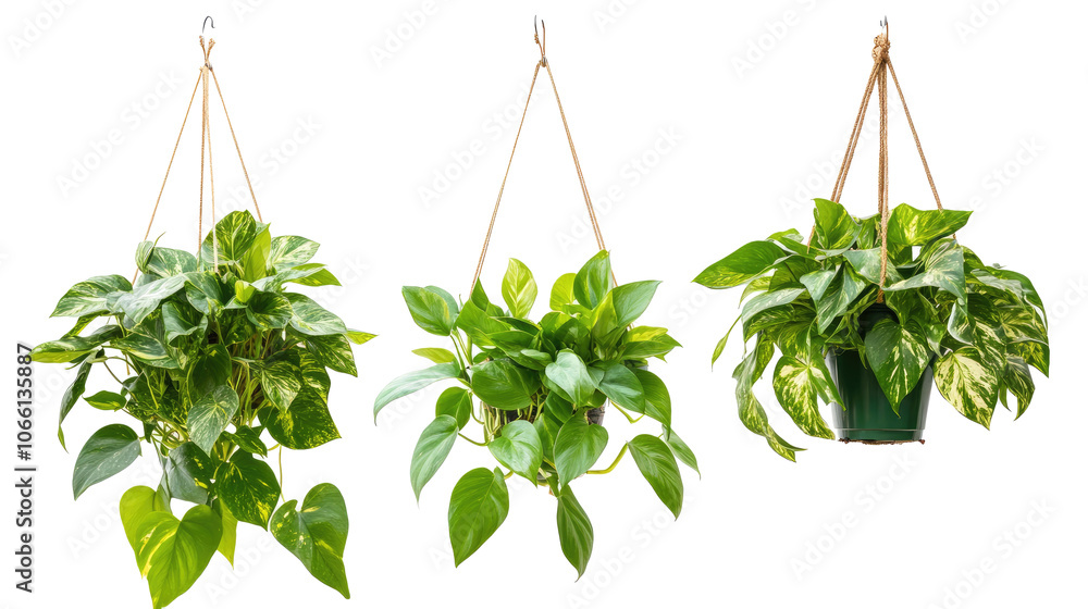 Poster set of three hanging plants displayed on a transparent background generative ai