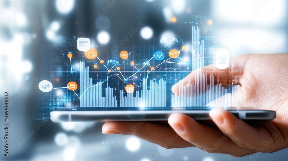Poster hand holding smartphone displaying digital marketing analytics and graphs, showcasing data trends an