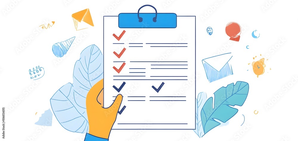 Poster an illustration of a checklist with checked items, representing organization and task completion in 