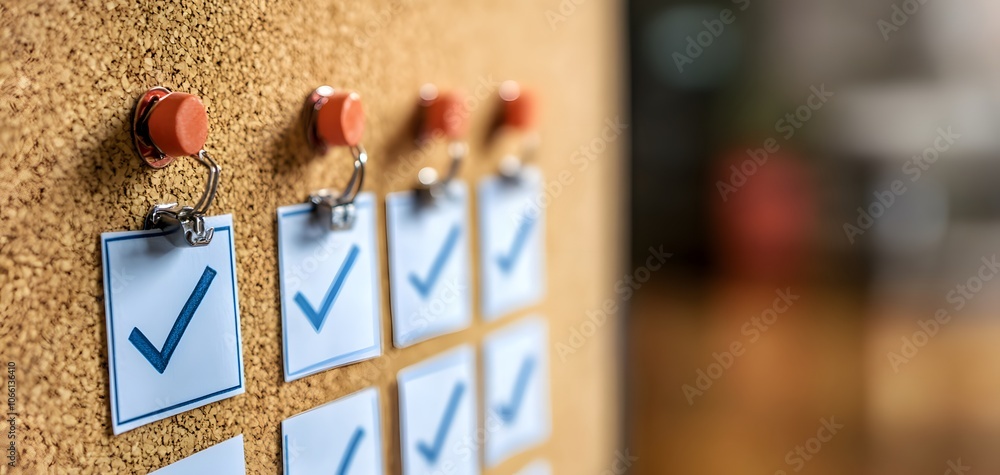 Poster close-up of a corkboard displaying checklists with blue checkmarks, symbolizing organization and tas