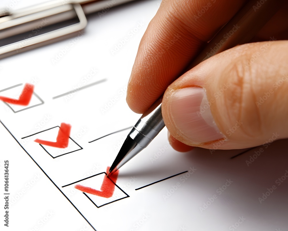 Poster close-up of a hand marking checked boxes on a checklist with a pen, symbolizing task completion and 