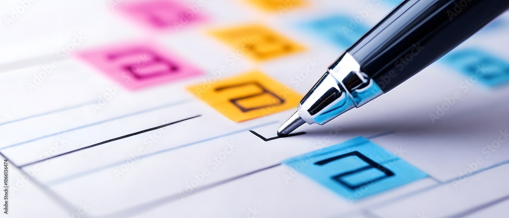 Poster close-up of a pen marking a checklist, highlighting the importance of organization and attention to 