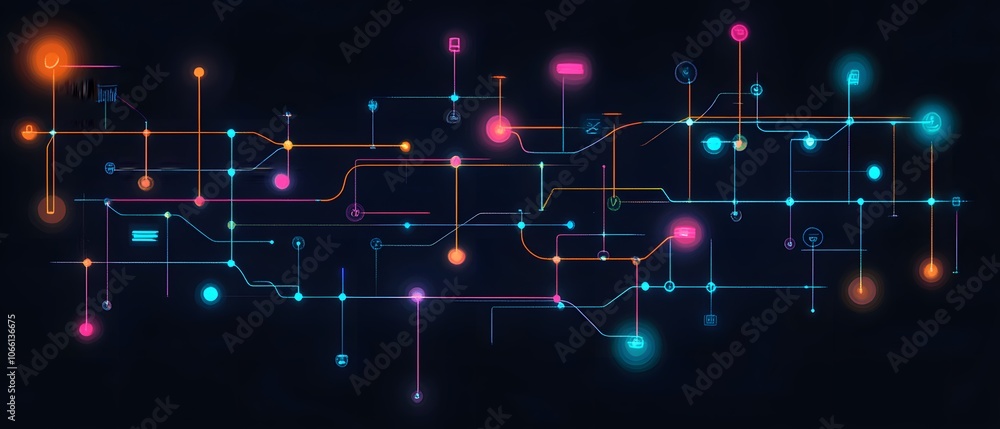 Poster colorful abstract digital circuit design on a dark background, showcasing connections and vibrant no