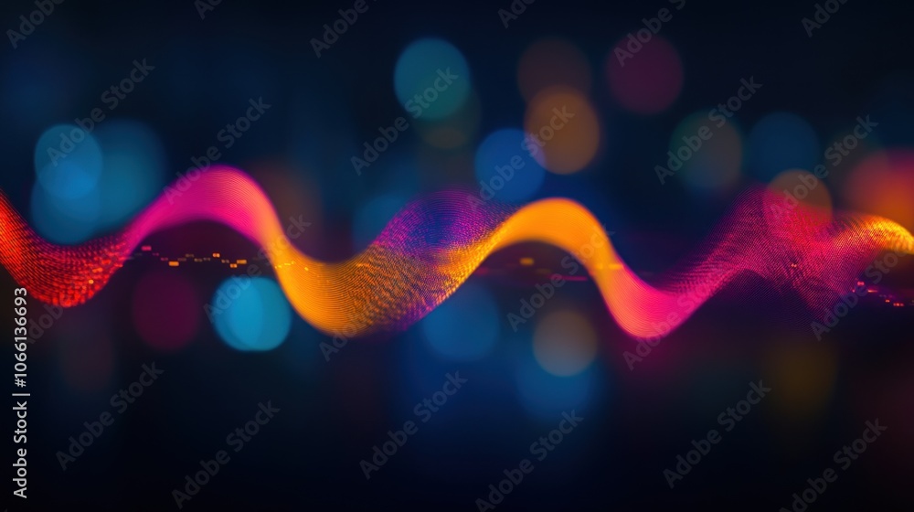 Poster abstract wavy lines of orange and pink light on a dark background