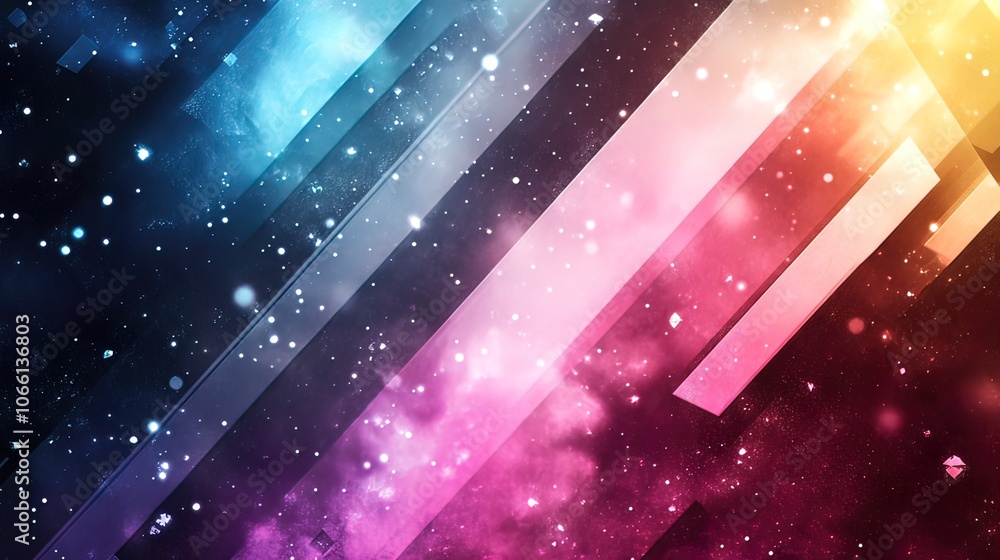 Poster abstract colorful background with diagonal lines and twinkling lights.