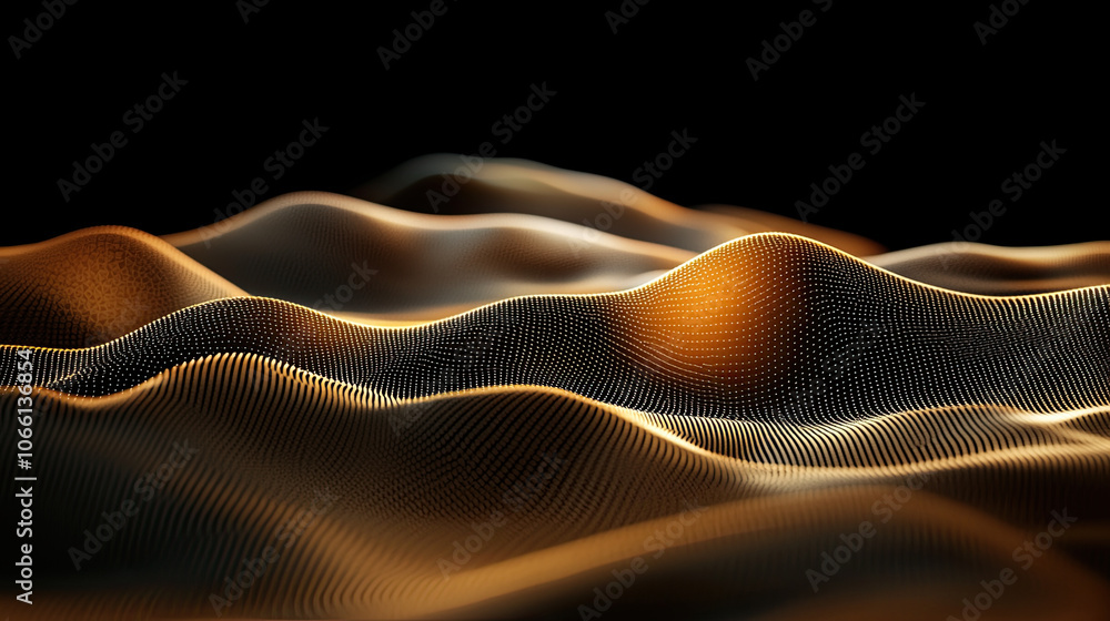 Poster digital landscape with flowing golden waves and soft contours, creating mesmerizing abstract scene t