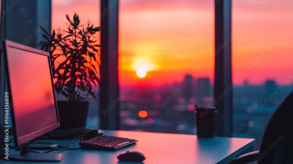 Poster sunset view from office desk with computer keyboard and mouse