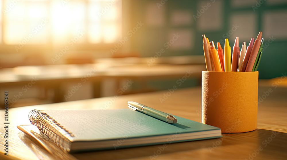 Aufkleber aesthetic display of pastel writing instruments in classroom setting, featuring notebook and pen on 