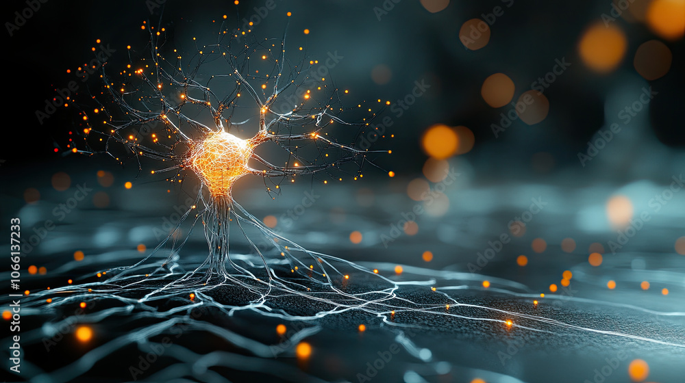 Poster captivating digital abstract design showcasing glowing neural network tree with intricate branches a