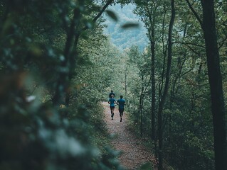 Fototapeta premium Three people jogging on a scenic forest trail surrounded by lush greenery, enjoying a refreshing outdoor exercise in nature.