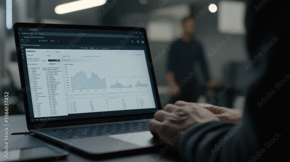 Poster Close-up of Person's Hand on Laptop Keyboard with Data Chart Displayed on Screen