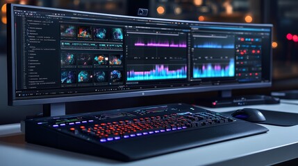 Fototapeta premium Professional Video Editing Workstation with Curved Monitor and Control Panel