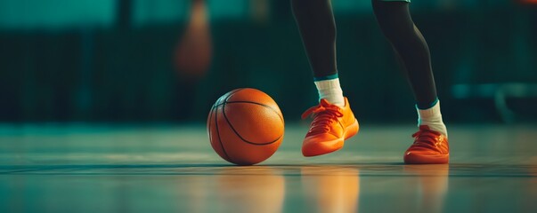 Naklejka premium Dynamic basketball shot focusing on agile footwork and vibrant sneakers in action on a gymnasium floor.