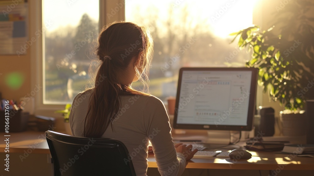 Poster woman sitting at desk working on computer with sunlight streaming in
