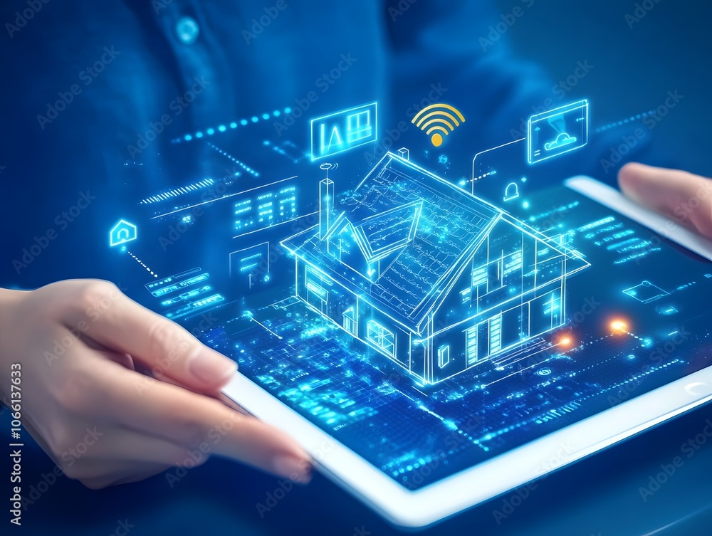 Poster hands holding tablet displaying futuristic smart home technology with digital interface and connecti