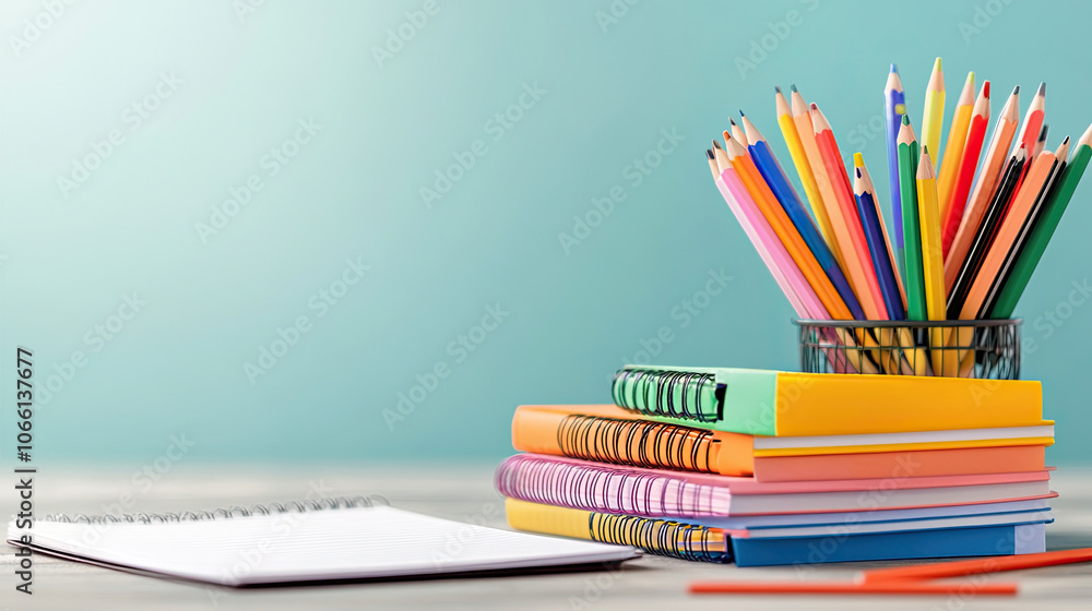 Poster charming stationery set with colorful pencils, notebooks, and notepad on classroom desk, creating vi