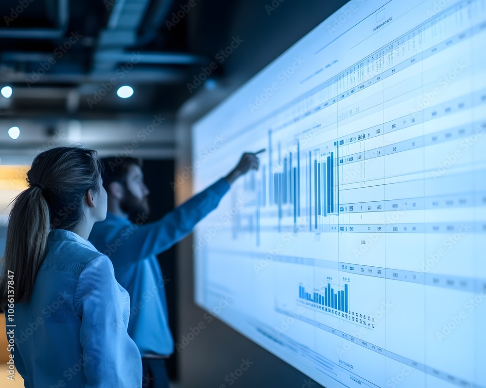 Poster professional individuals analyzing data on a large screen in a modern office environment, focusing o