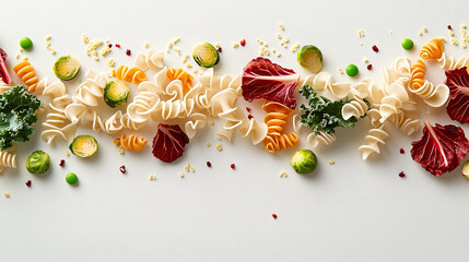 Colorful pasta and fresh vegetables arranged artistically on white background create vibrant and playful culinary scene. This composition showcases various shapes and colors, inviting creativity in