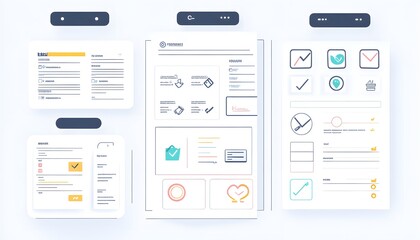 Set of modern business report templates with charts, icons, and forms for professional presentations and analysis.