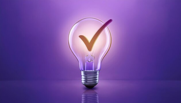 A glowing light bulb with a check mark inside, set against a purple background, symbolizing ideas, approval, or solutions.
