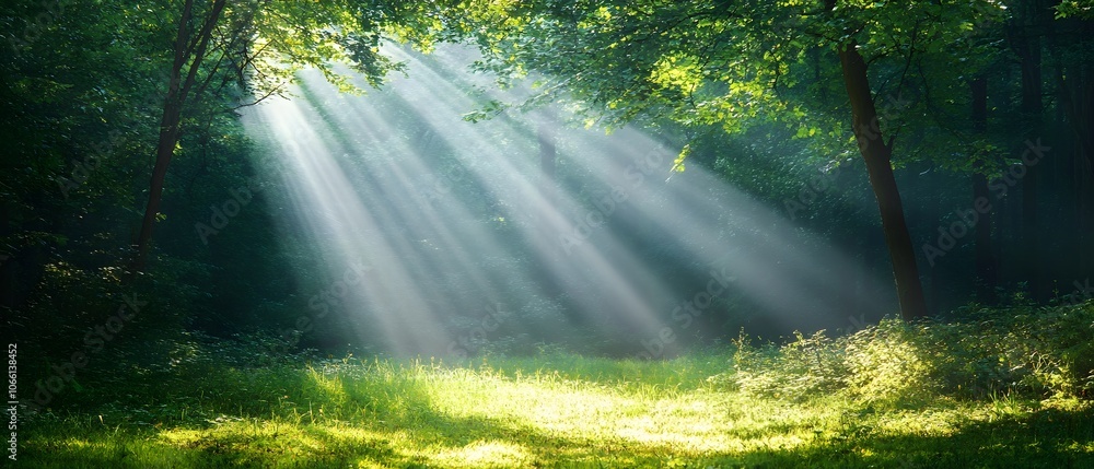 Poster sunlight streams through a lush forest, creating a serene and tranquil atmosphere in nature's embrac