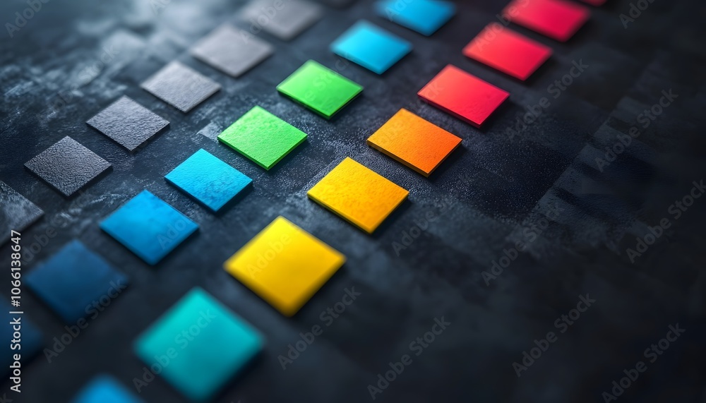 Poster vibrant colorful squares arranged in a modern pattern on a dark surface, perfect for backgrounds and