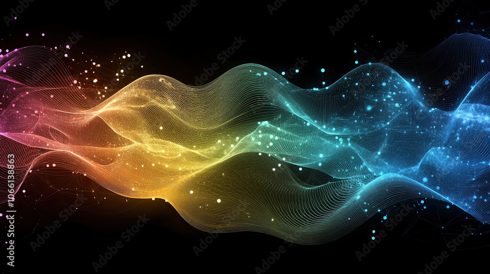 Poster Dynamic digital abstract background featuring colorful flowing waves and glowing particles, creating vibrant and energetic atmosphere