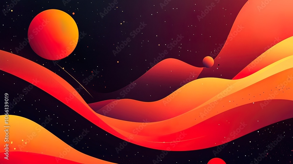 Aufkleber abstract space background with red and orange waves and planets.