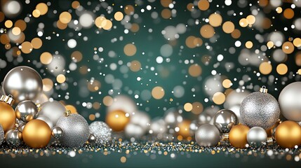 A decorative arrangement features white balls and pinecones amidst fir branches, set on a dark green backdrop perfect for holiday greetings