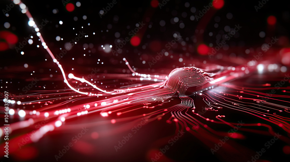 Poster fluid digital abstract background showcasing AI technology with red lines and glowing elements, creating dynamic and futuristic atmosphere
