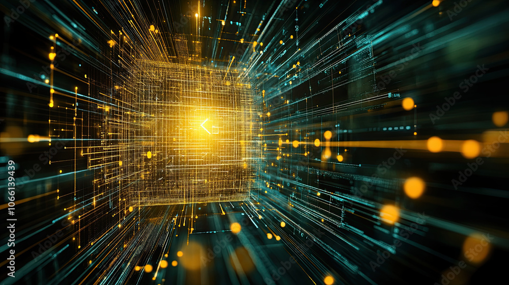 Poster futuristic digital abstract background with glowing lines and particles, representing technology and