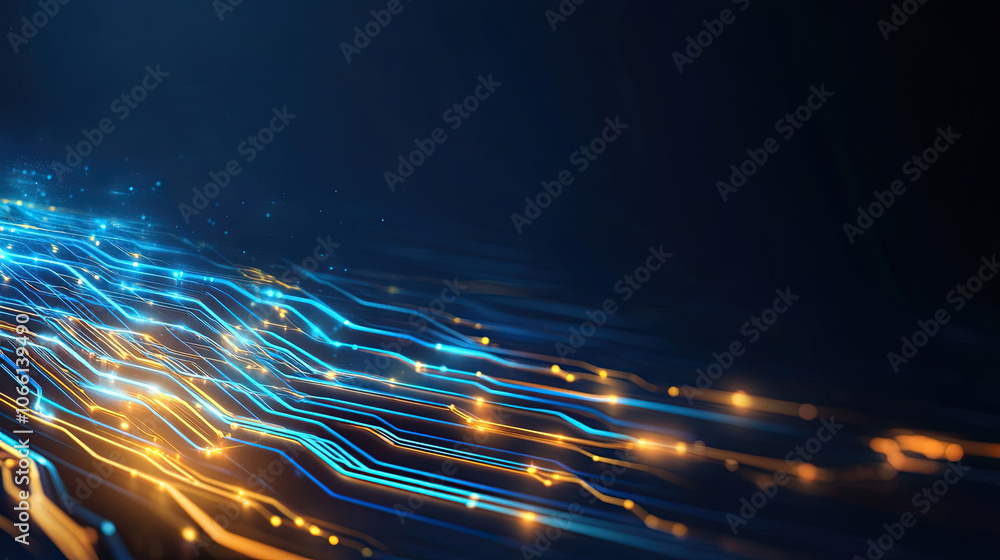 Poster futuristic digital abstract background with glowing blue and orange lines, representing technology a