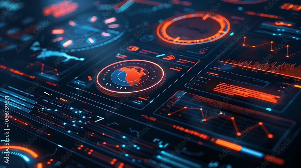 Poster close-up of a futuristic interface with data displays, showing lines, graphs, and a globe in the cen