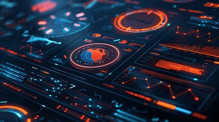 Close-up of futuristic interface with data displays showing lines graphs and globe in center for advanced technology digital visualization information network innovation control system concept.